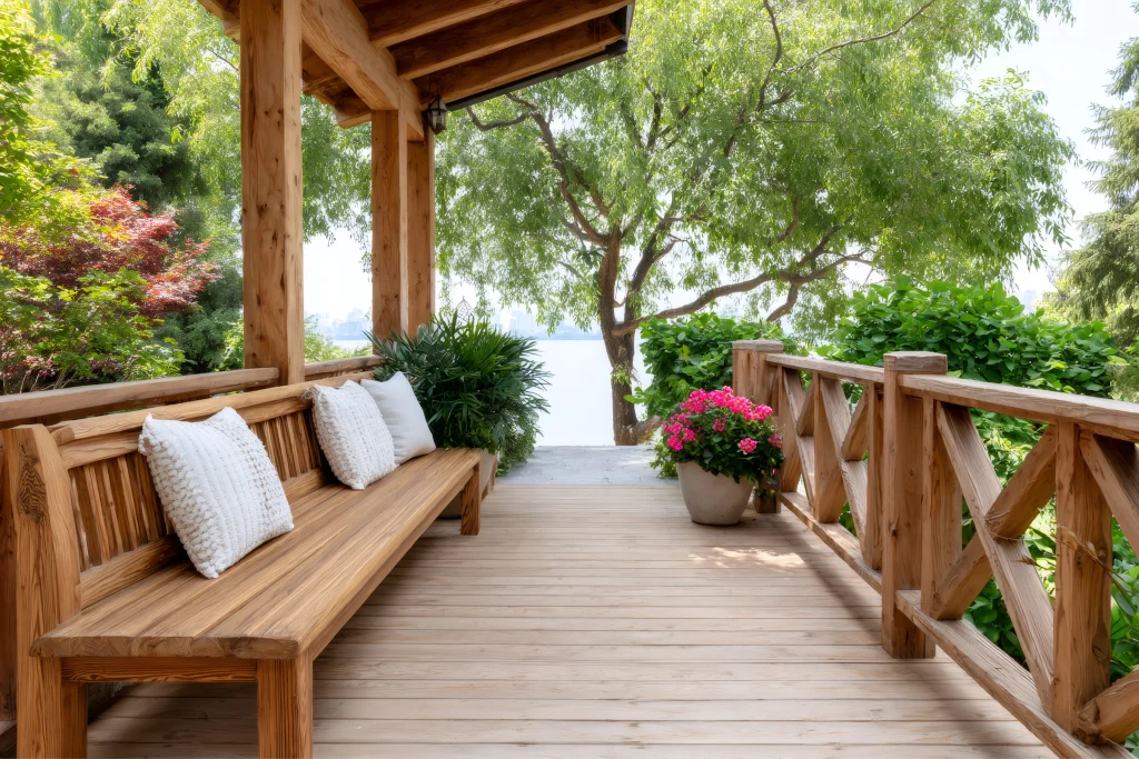 rustic wooden veranda overlooking calm lake water photo 1